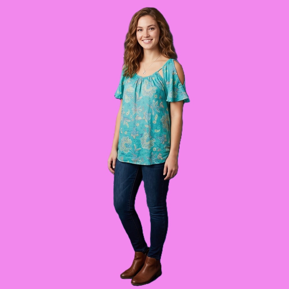 Womens Teal Floral Paisley Cold Shoulder Crochet Lace Trim Boho Blouse Top L